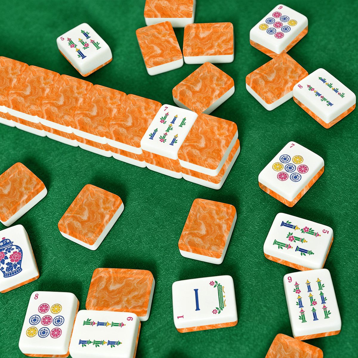 Orange Marbled Chinoiserie American Mahjong Tiles And Carry Case - Splash Of Mahj And Color Co.