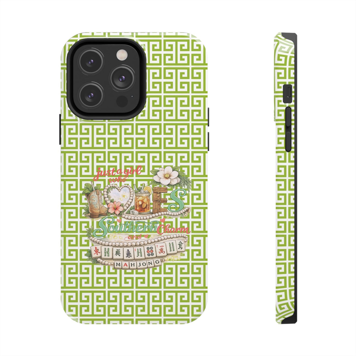 Mahjong Floral Pattern Just A Girl Who Loves Southern Charm and Mahjong Phone Case | Green Geometric Background - Splash of Color Co.