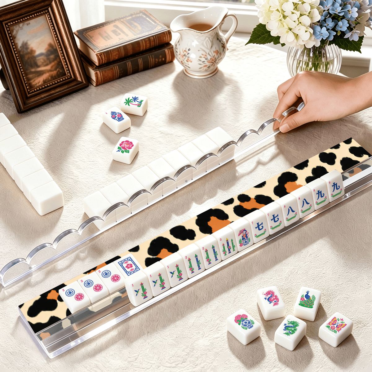 Leaopard Print Wild Thing Extended Mahjong Rack Set of 4 Scalloped Magnetic Tile Pusher - Splash Of Mahj And Color Co.