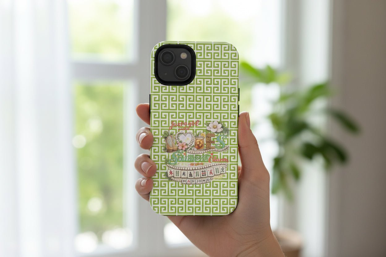 Mahjong Floral Pattern Just A Girl Who Loves Southern Charm and Mahjong Phone Case | Green Geometric Background - Splash of Color Co.