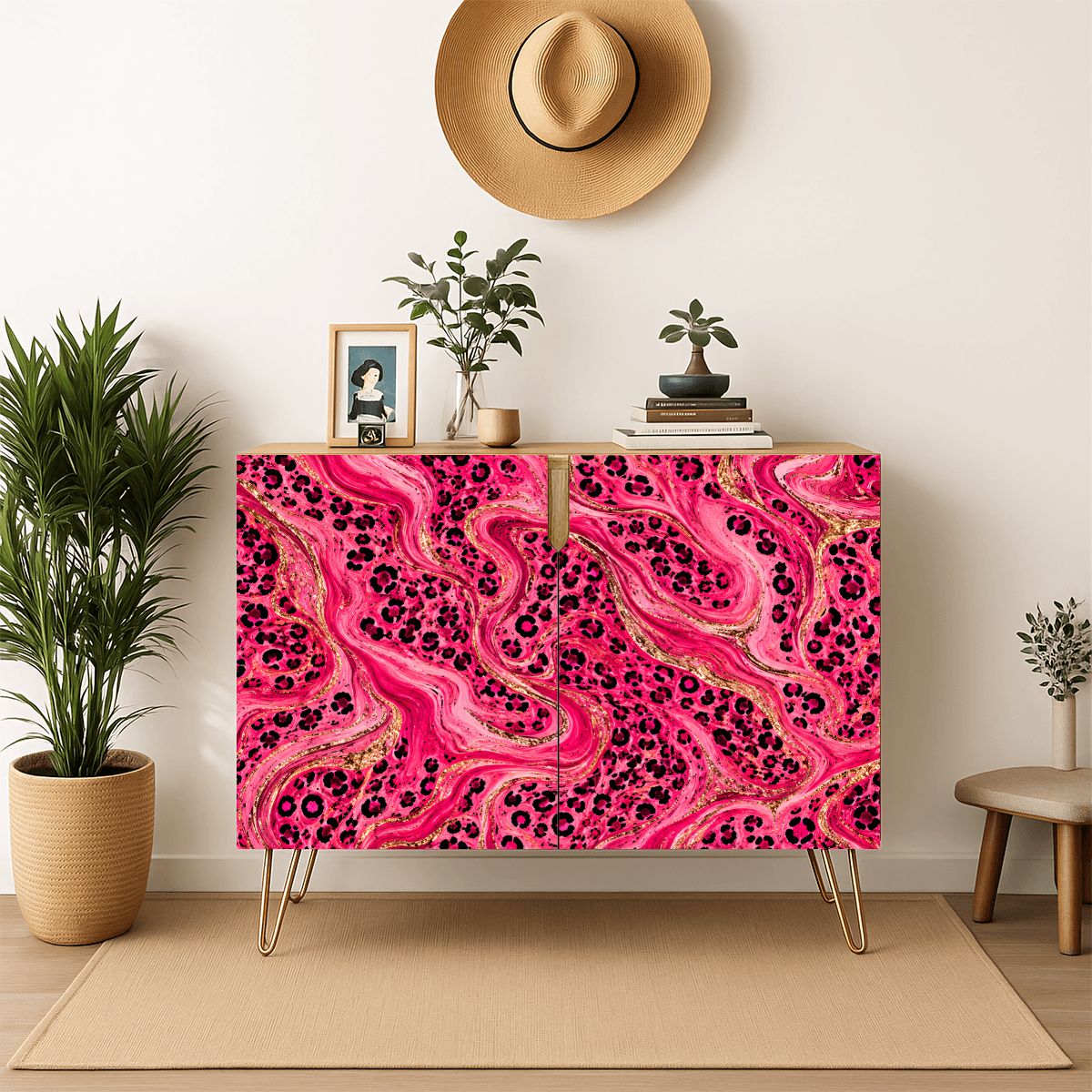 Hot Pink Leopard Print Mahjong Tiles And Accessories Sideboard Credenza - Splash Of Mahj And Color Co.