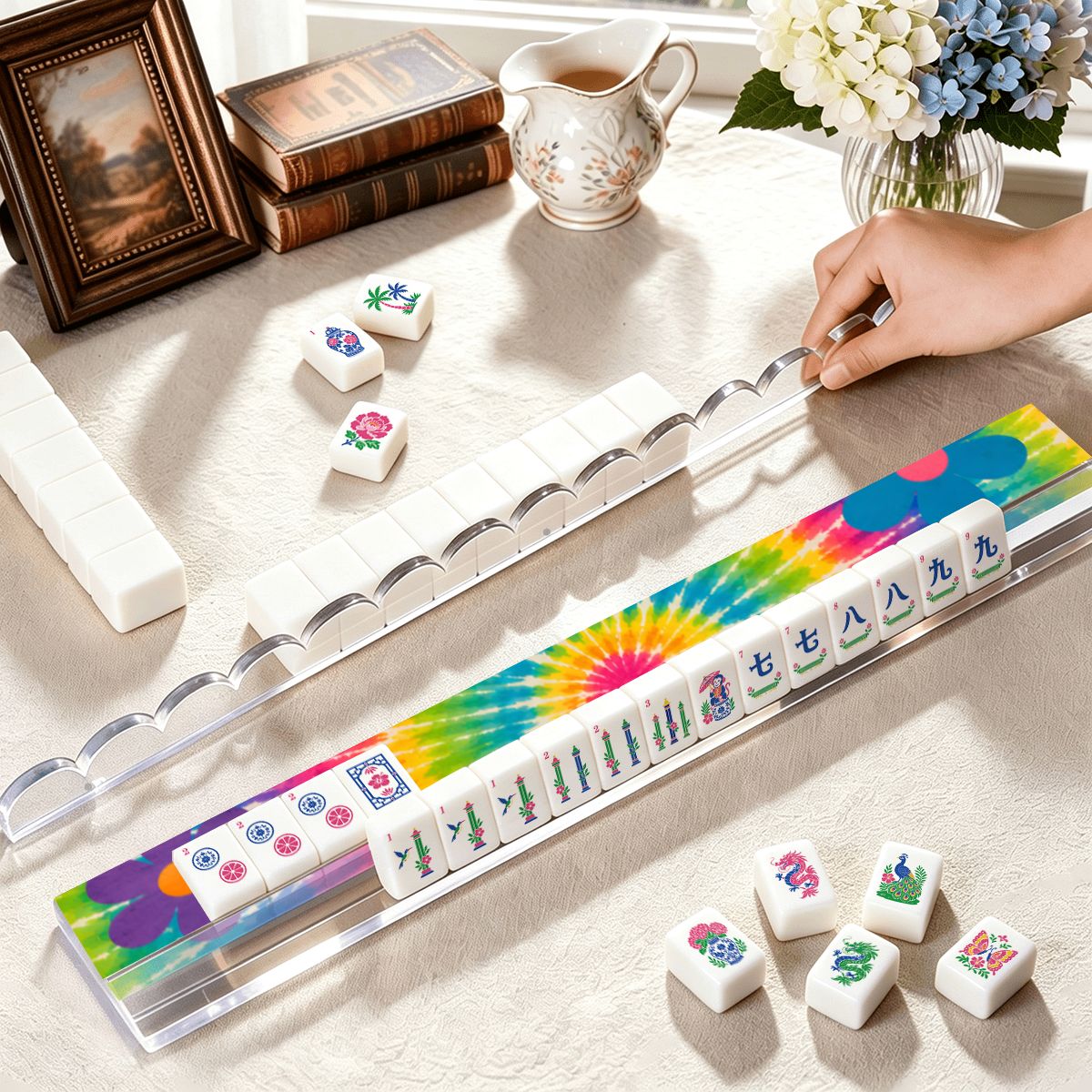 Tie Dye Extended Mahjong Rack Set of 4  Scalloped Magnetic Tile Pusher