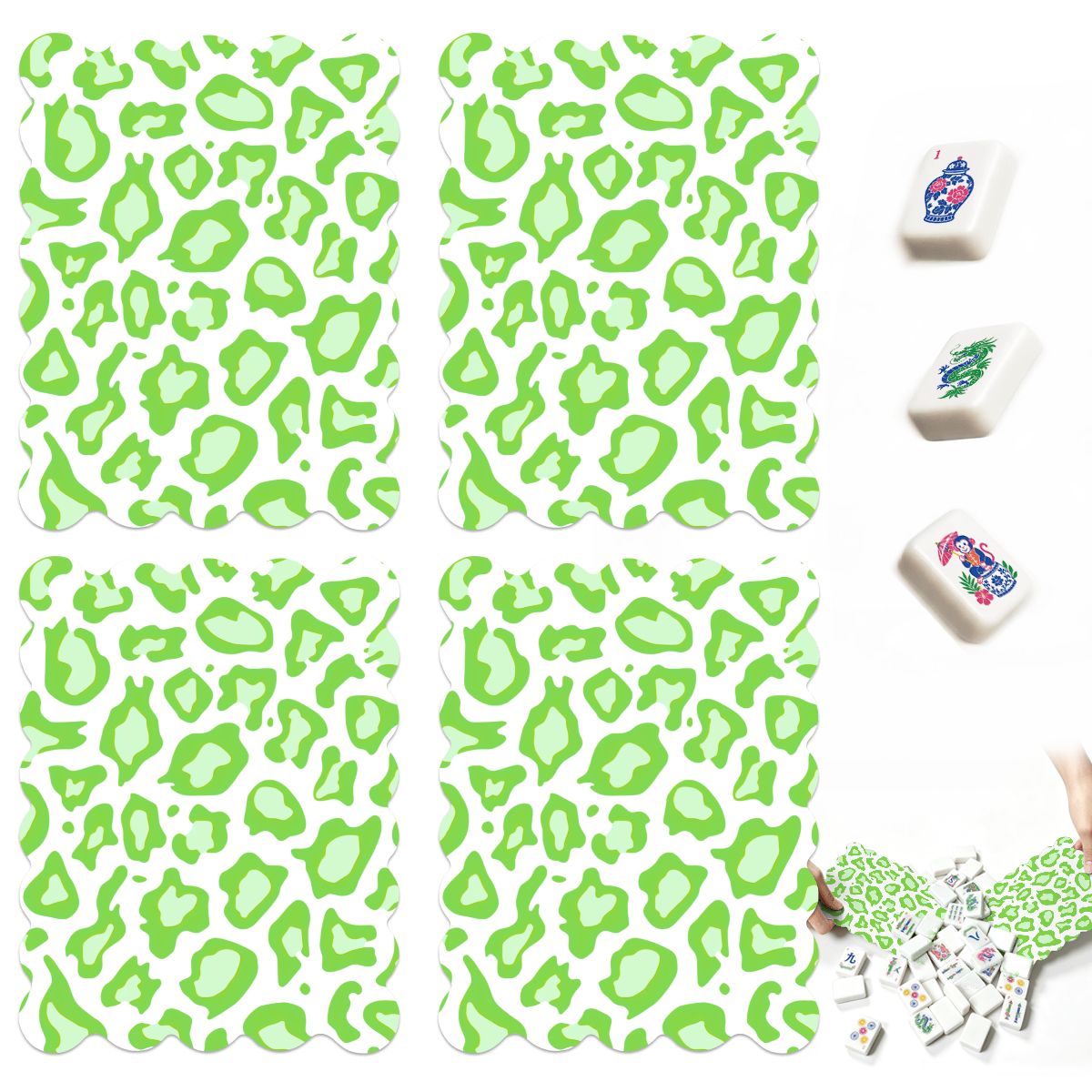 Lime Green Cheetah Print Scalloped Mahjong Shuffler Cards  Set of 4