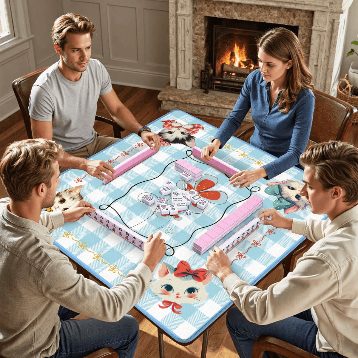 Mahjong Mat Vintage Whimsical Kittens, Blue White Gingham Preppy Check Mahj Mat - Splash Of Mahj And Color Co.