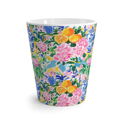 Floral Citrus Latte Mug – Pink Hydrangea & Blue Ginger Jar Pattern - Splash of Color Co.