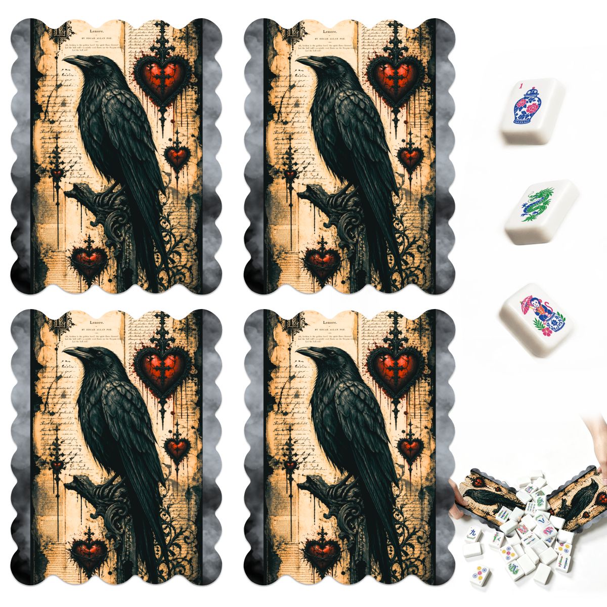 Edgar Allen Poe Raven Scalloped Mahjong Shuffler Cards Set of 4 - Splash Of Mahj And Color Co.