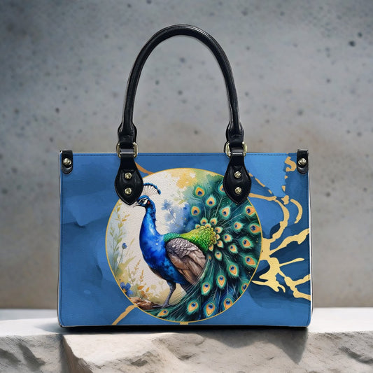 Chinoiserie Watercolor Asian Peacock Royal Blue Gold Shoulder Hand Bag