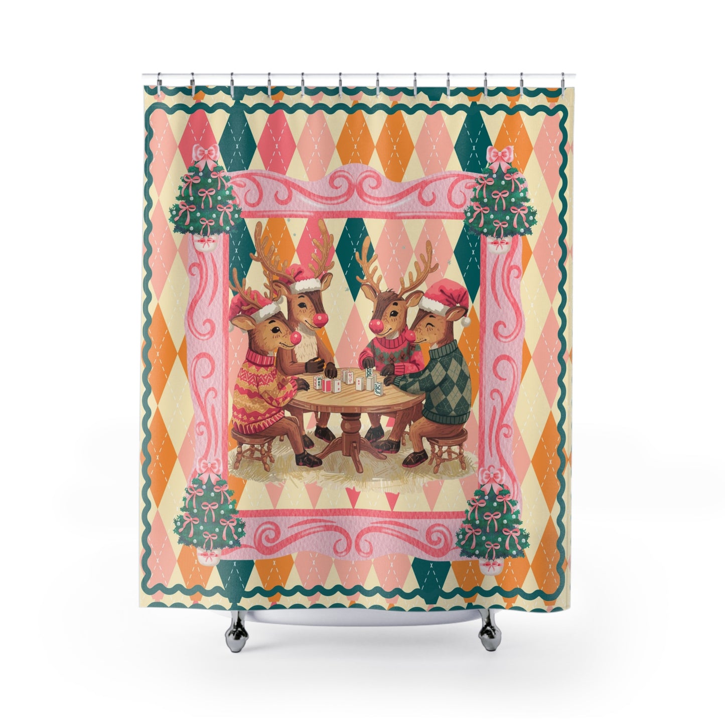 Mahjong Christmas Reindeer Shower Curtain, Festive Preppy Pastel Argyle Pattern