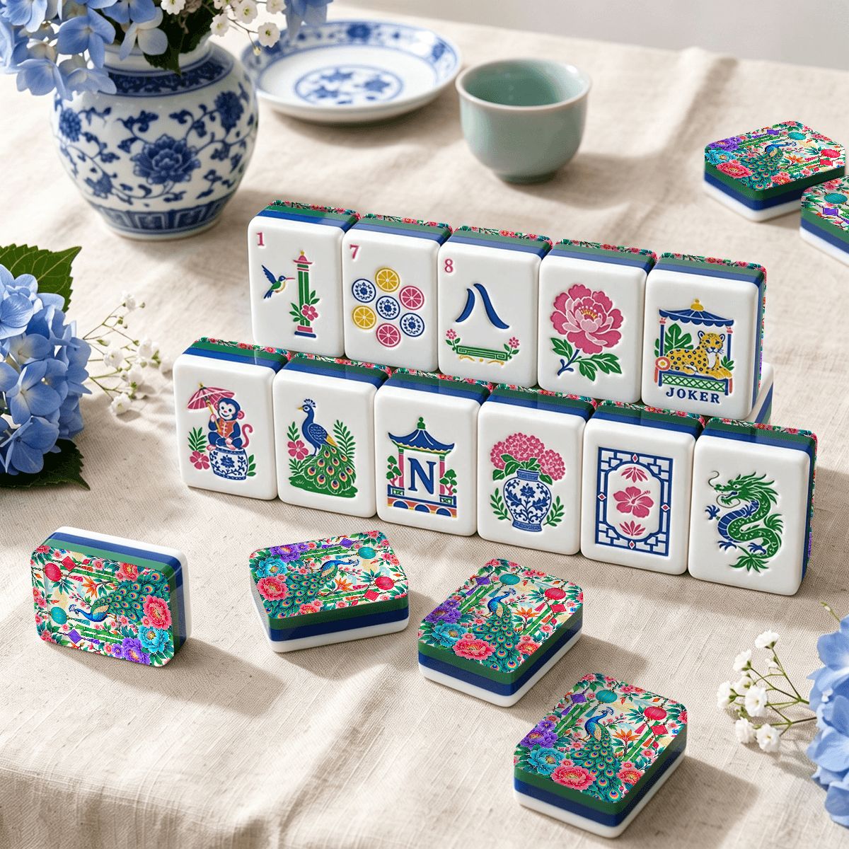Peony & Peacock Chinoiserie Chic American Engraved Layered Mahjong Tiles - Splash Of Mahj And Color Co.