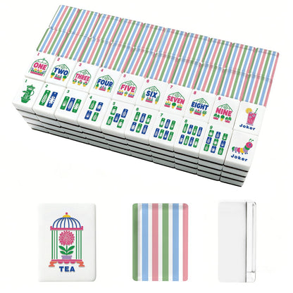 Preppy Pastel Striped Floral Garden Engraved American Mahjong Tiles And Carry Case