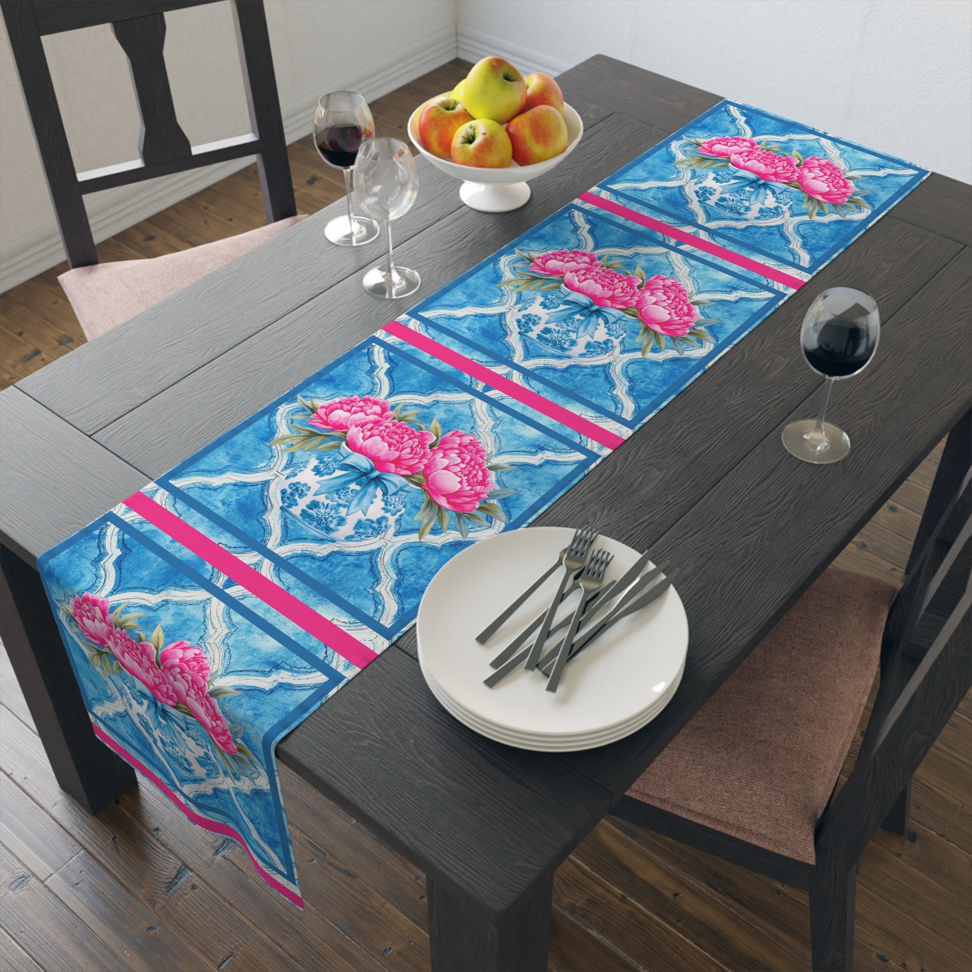 Pink Peony Floral Tile Table Runner — Blue Moroccan Watercolor Pattern - Splash of Color Co.