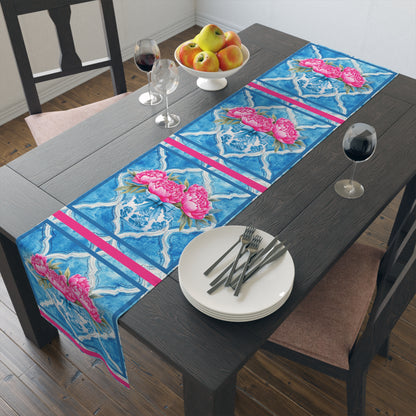 Pink Peony Floral Tile Table Runner — Blue Moroccan Watercolor Pattern - Splash of Color Co.