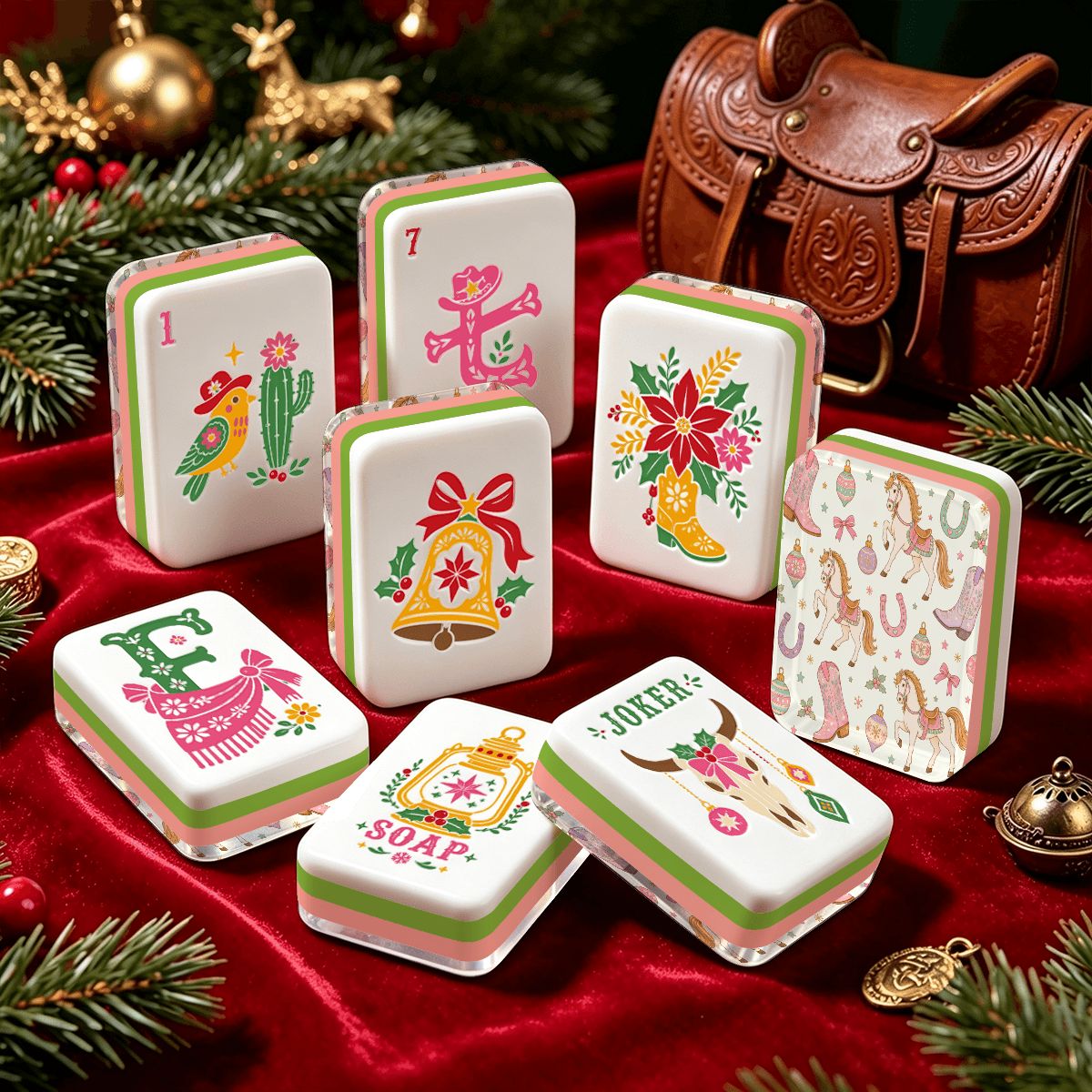 Wild West Wonderland Mahjong Western Christmas Layered Mahjong Tiles With Carry Case