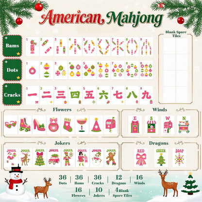 Preppy Modcentric Hot Pink And Aqua  Christmas Mahjong Tiles With Carry Case