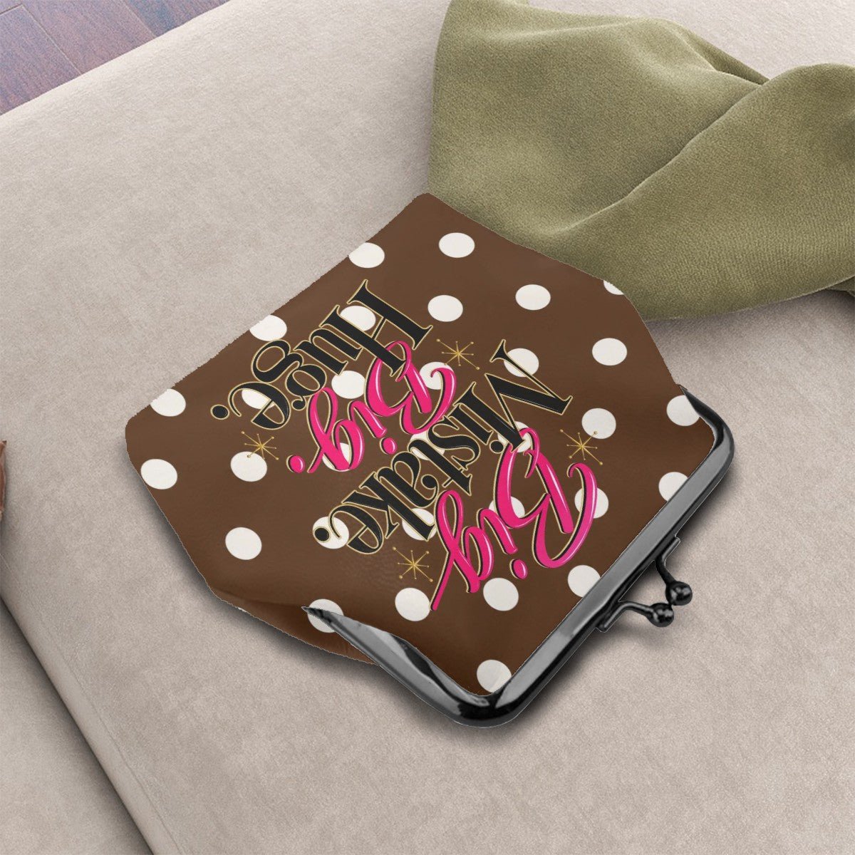 Brown And White Polka Dot, Funny Big Mistake Women's Leather Kiss Lock Coin Purse - Splash Of Mahj And Color Co.