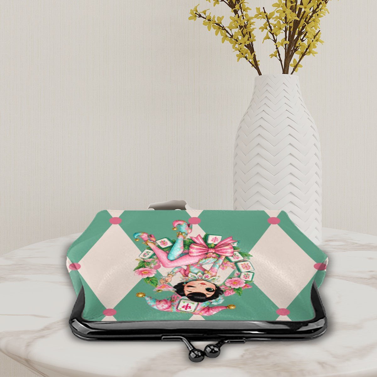 Mahjie The Mahjong Mascot Harlequin Designed Women's Leather Kiss Lock Coin Purse - Splash Of Mahj And Color Co.