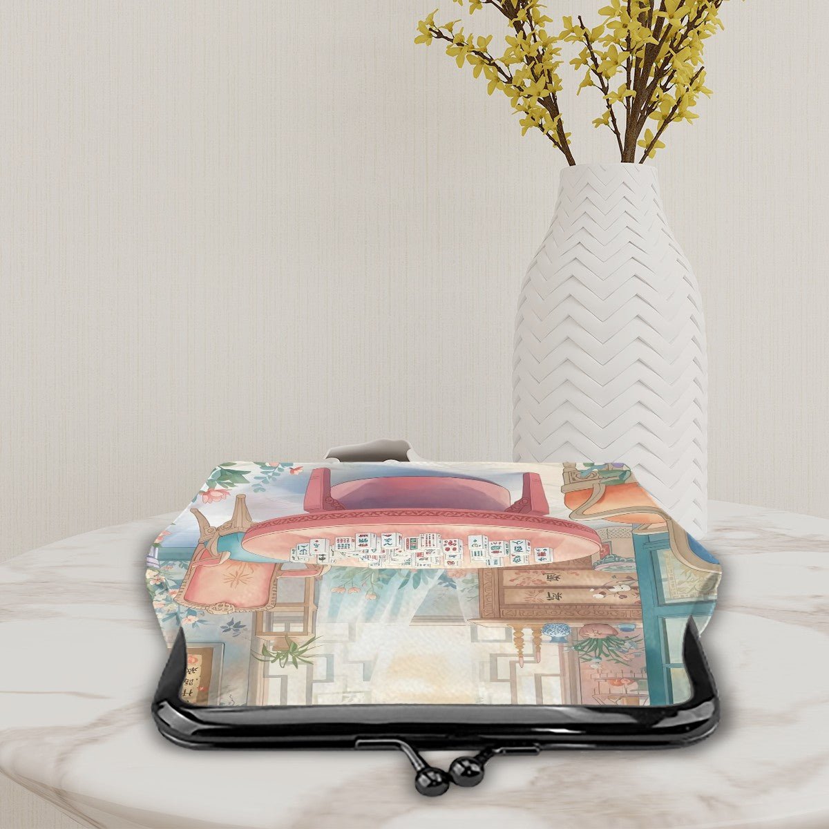 Mahjong Garden Tea Room Vintage Women's Leather Kiss Lock Coin Purse - Splash of Color Co.
