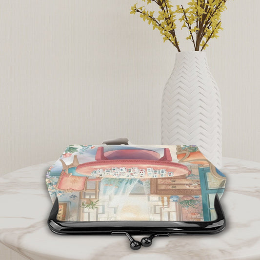 Mahjong Garden Tea Room Vintage Women's Leather Kiss Lock Coin Purse - Splash of Color Co.