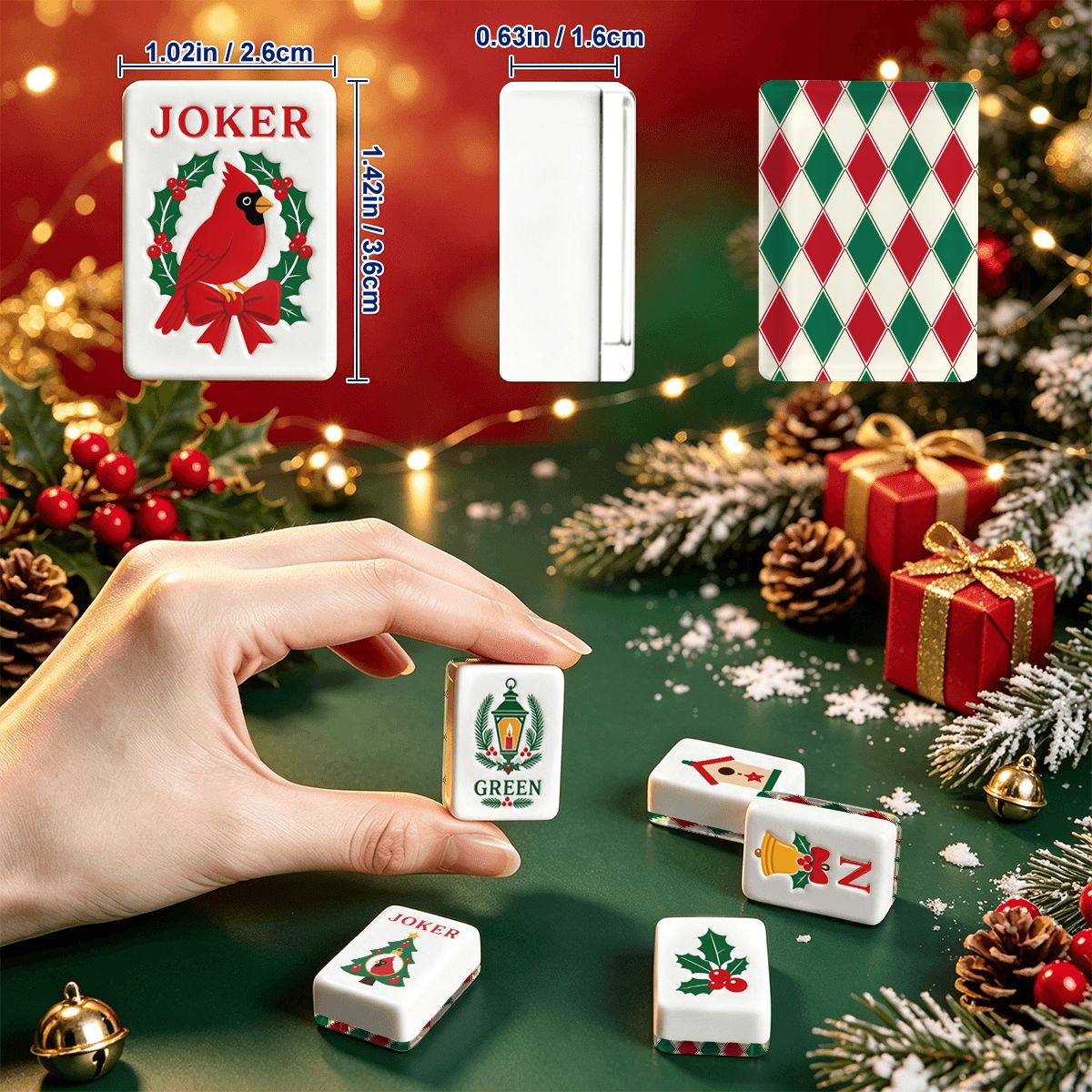Harlequin Green And Red Christmas Cardinal Mahjong Tiles With Carry Case