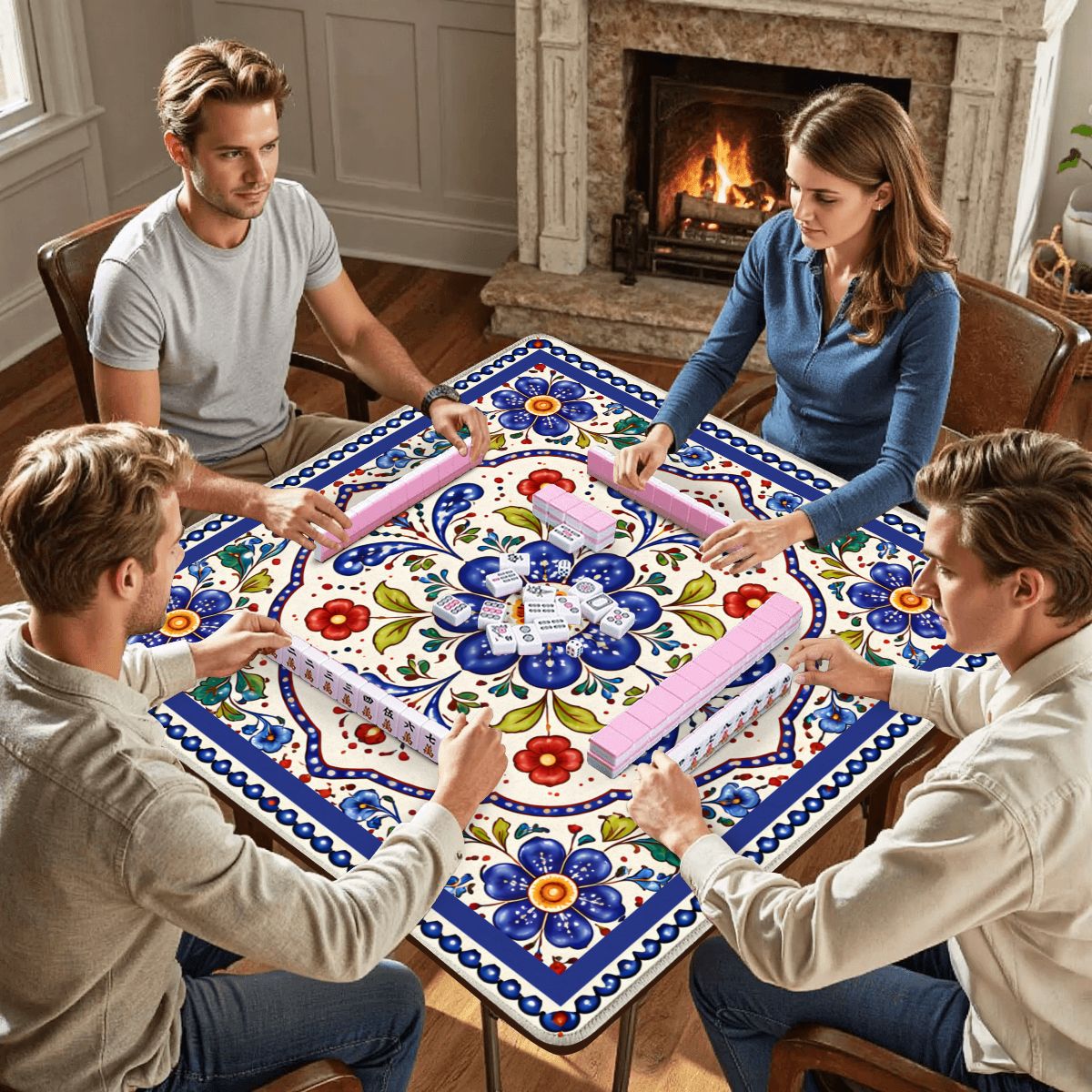 Blue Porcelain Garden Mahjong Mat - Splash of Color Co.