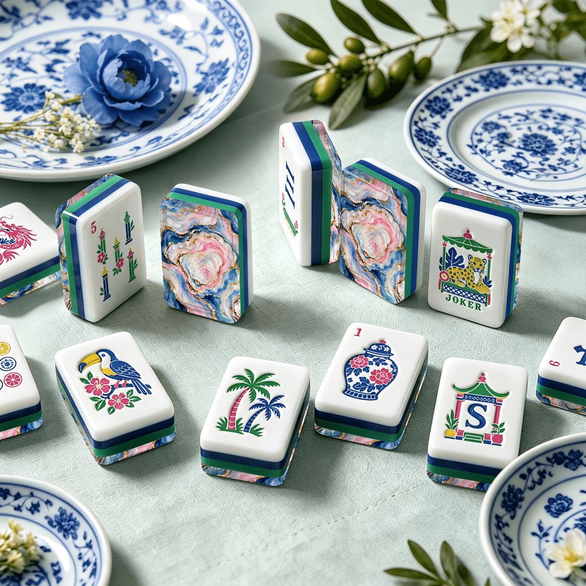 Pearls of the Mahj Sea Chinoiserie Chic American Mahjong Tiles And Carry Case - Splash Of Mahj And Color Co.