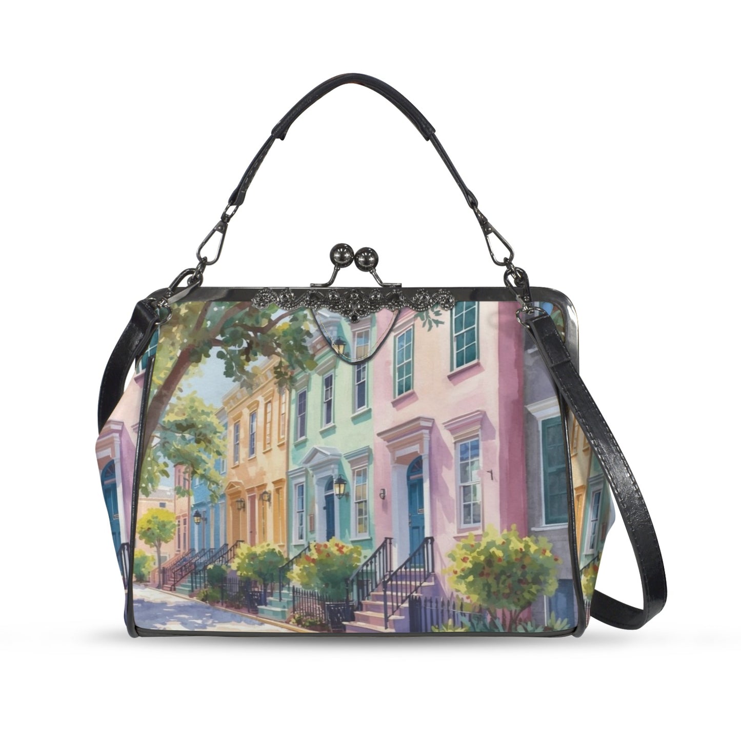 Charleston South Carolina Rainbow Row Preppy Vintage Kisslock Handbag/Shoulder Bag - Splash of Color Co.