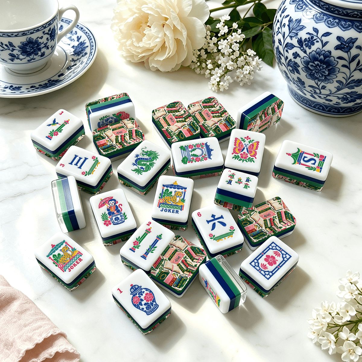 Mahj Between the Lines Bookish Chinoiserie Chic American Mahjong Tiles And Carry Case