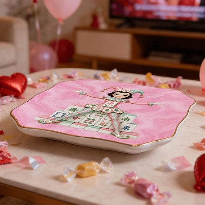 Mahjie The Mascot Pink Marbled Scalloped Ceramic Mahjong Dice Tray
