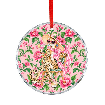 Glam Sipping Leopard Luxe Round Glass Christmas Ornament - Splash Of Mahj And Color Co.