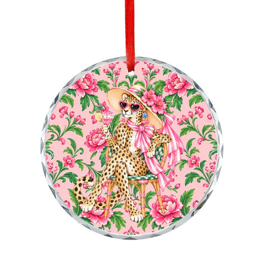 Glam Sipping Leopard Luxe Round Glass Christmas Ornament - Splash Of Mahj And Color Co.
