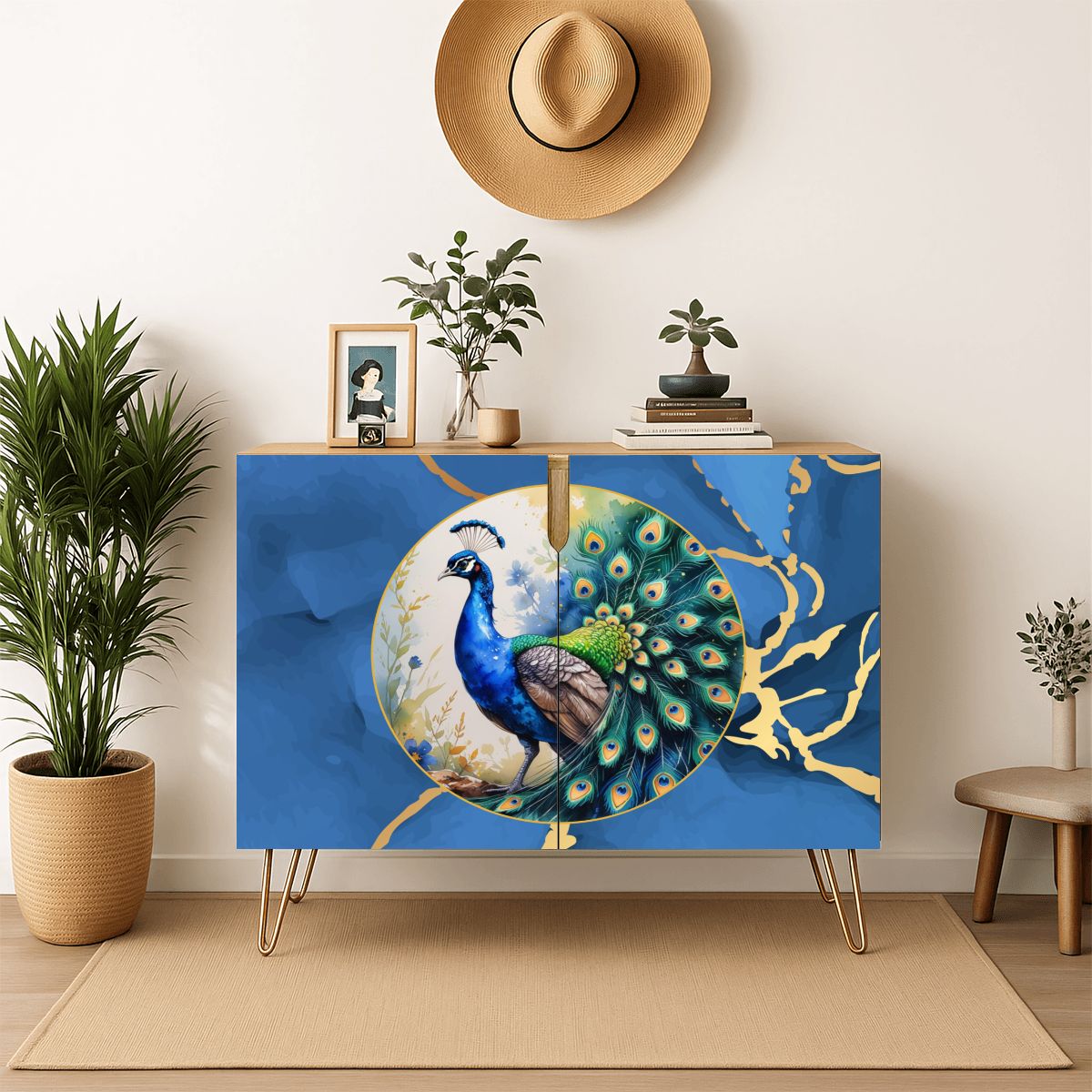 Asian Chinoiserie Golden Gilded Watercolor Peacock Modern Wooden Cabinet - Splash of Color Co.