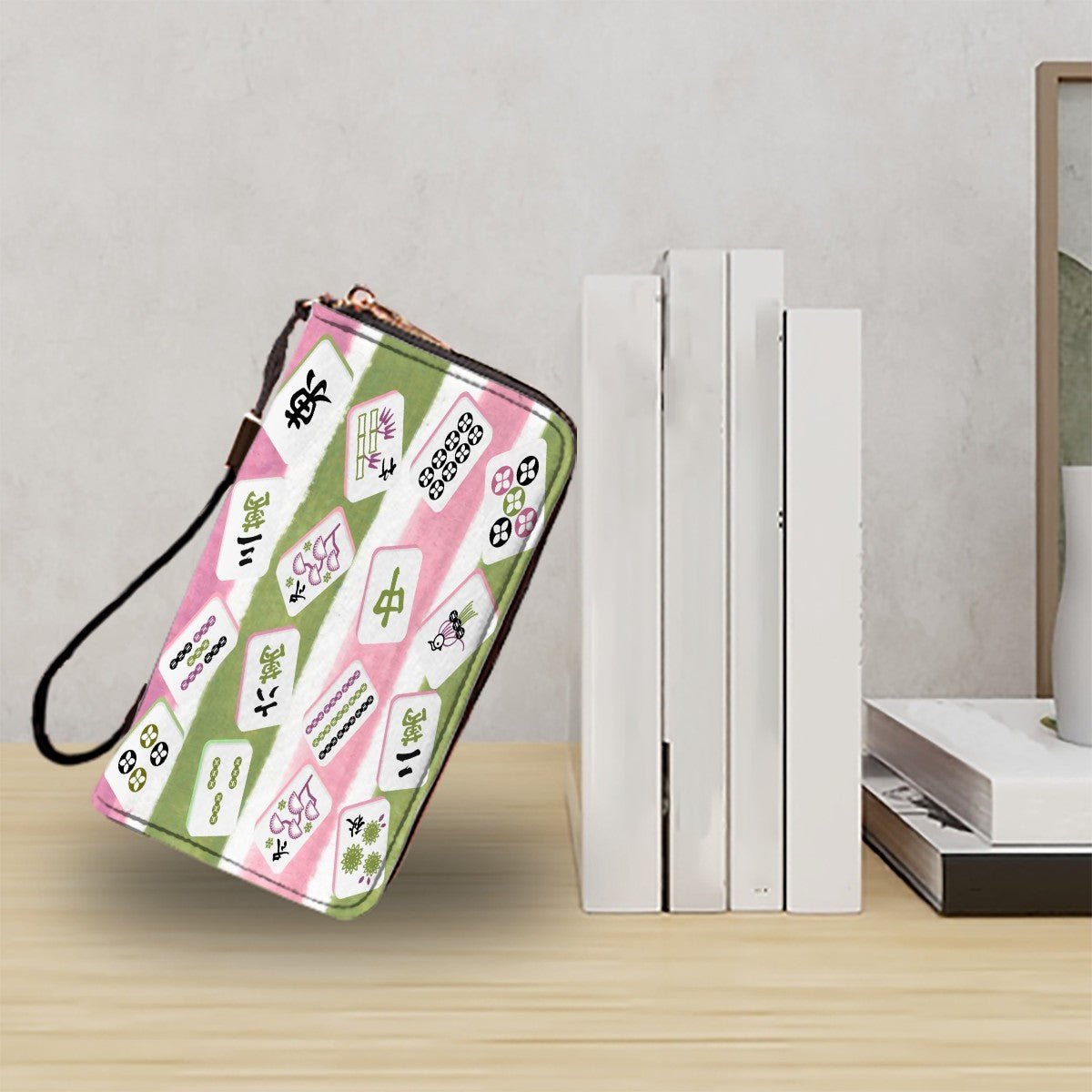 Mahjong Clutch Wallet for Women, Pink Green Watercolor Mahj Tile Design - Splash of Color Co.