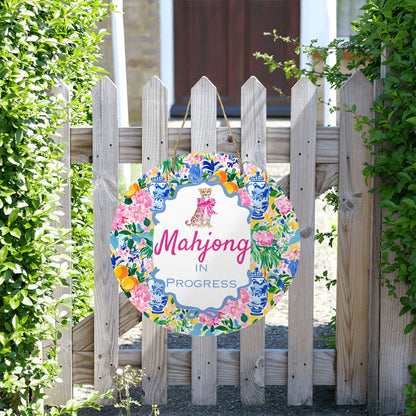 Mahjong In Progress Pretty Floral Chinoiserie Designed Round Sign - Splash of Color Co.