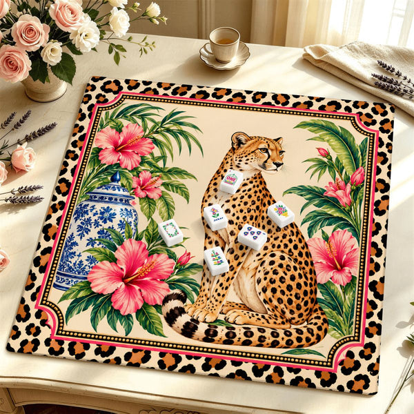 Wild Side Leopard Print Chinoiserie Mahjong Mat Sleek Surface - Splash Of Mahj And Color Co.
