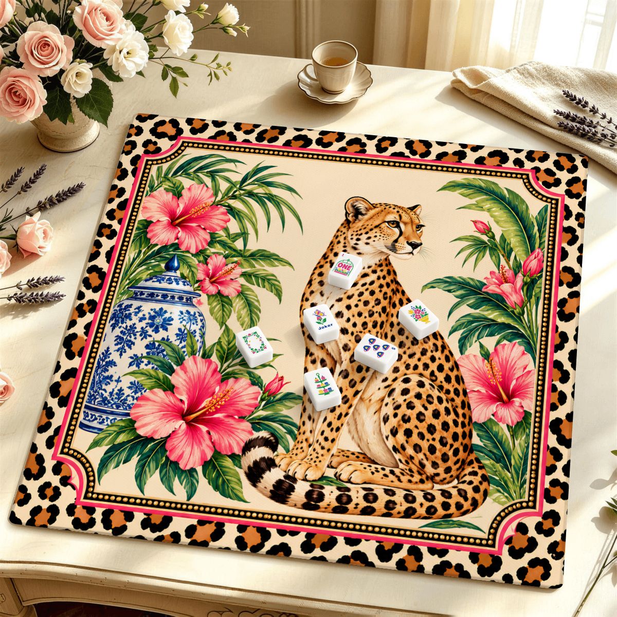 Wild Side Leopard Print Chinoiserie Mahjong Mat Sleek Surface - Splash Of Mahj And Color Co.