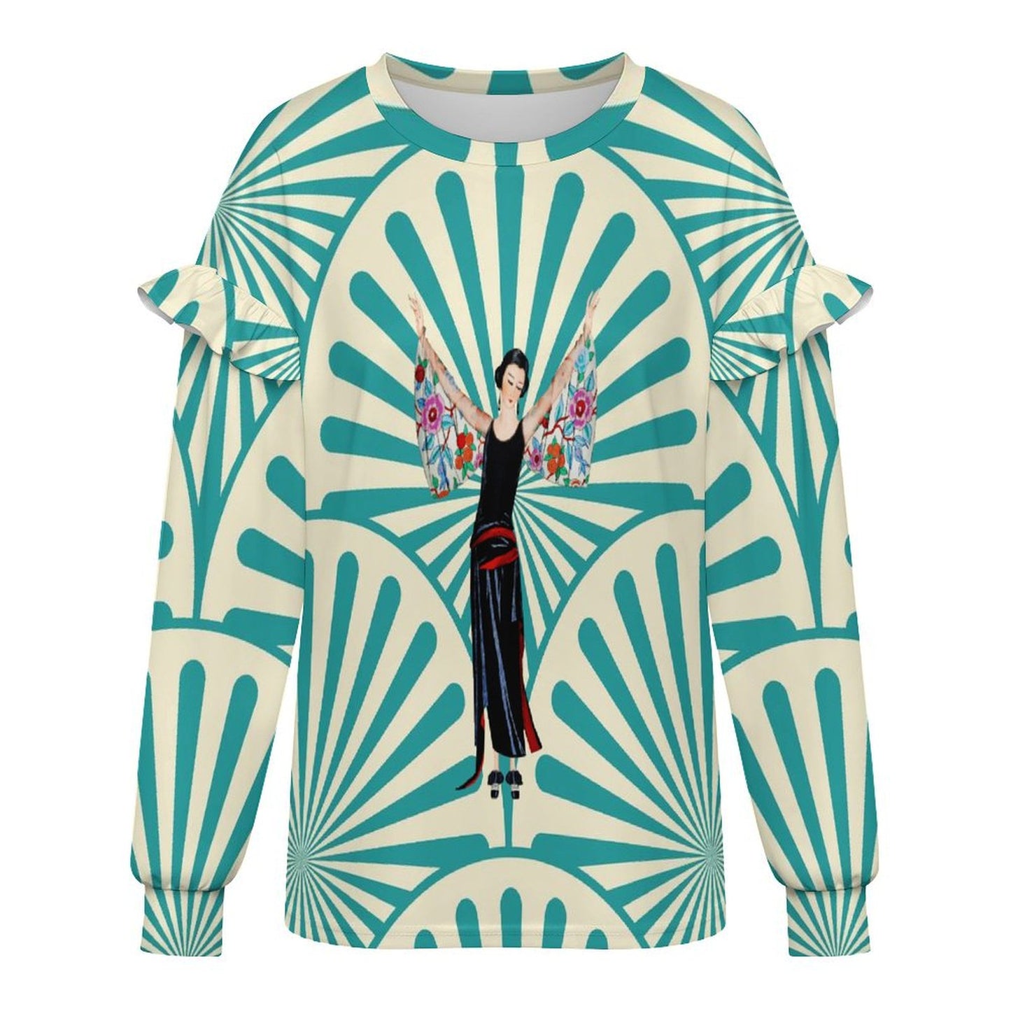 Art Deco Designed Asian Motif Design Women’s Lightweight Ruffle Shoulder Sweatshirt - Splash of Color Co.