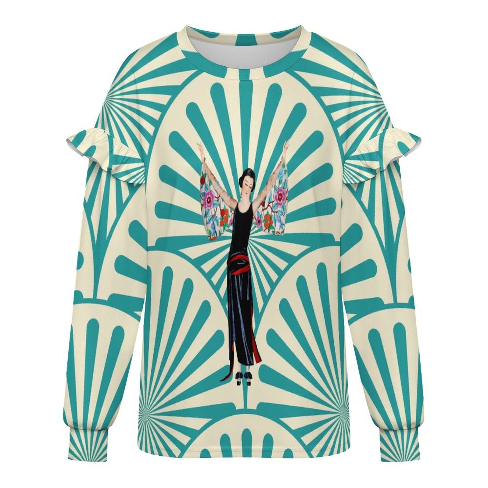 Art Deco Designed Asian Motif Design Women’s Lightweight Ruffle Shoulder Sweatshirt - Splash of Color Co.