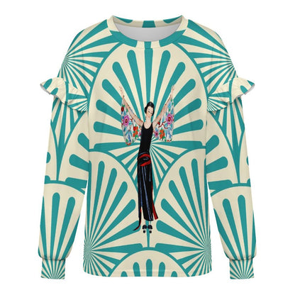 Art Deco Designed Asian Motif Design Women’s Lightweight Ruffle Shoulder Sweatshirt - Splash of Color Co.