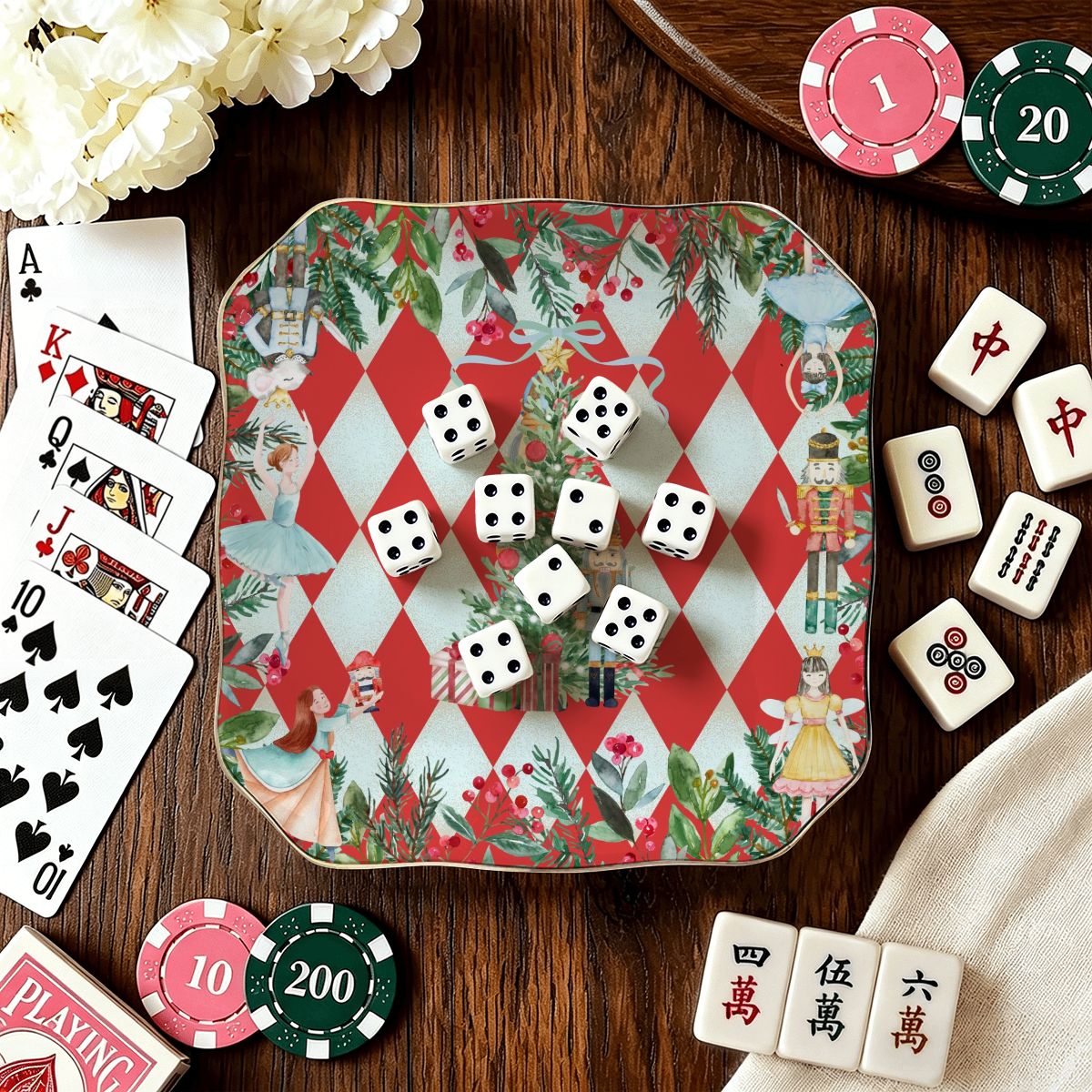 Harlequin Nutcracker Christmas Scalloped Ceramic Mahjong Dice Tray