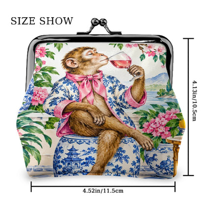 Garden Party Gone Wild Chinoiserie Monkey Women's Leather Kiss Lock Coin Purse