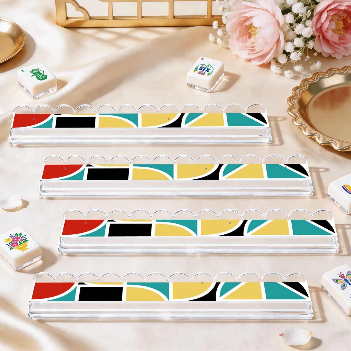 Modtastic Modern Extended Mahjong Rack Set of 4 Scalloped Magnetic Tile Pusher 20' - Splash Of Mahj And Color Co.
