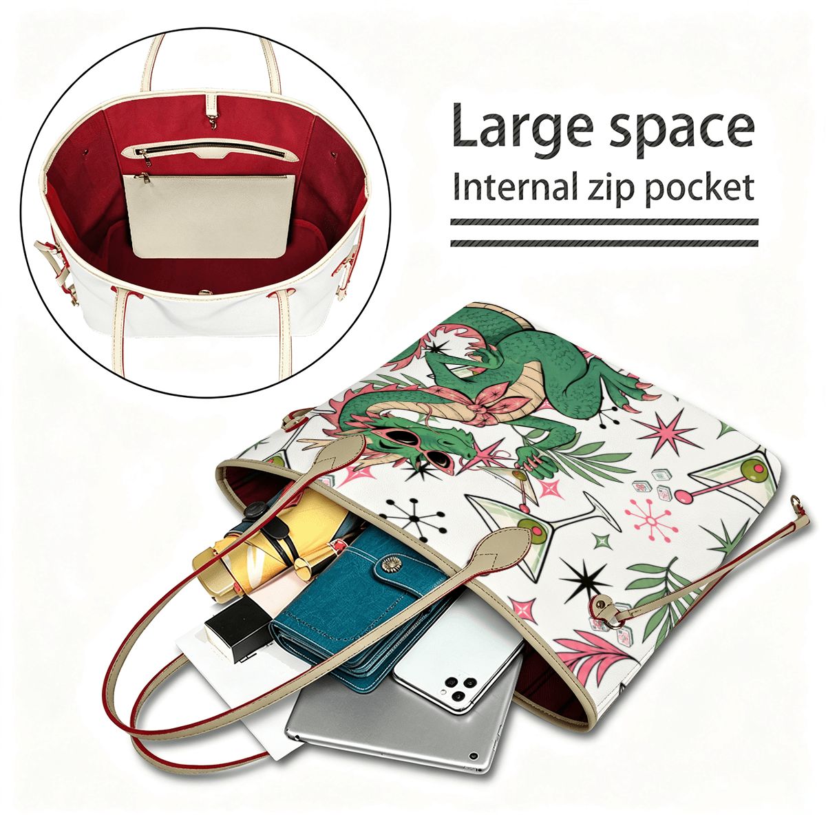 The Tipsy Dragon Mahjong Vegan Leather Tote Bag With Mini Pouch - Splash Of Mahj And Color Co.