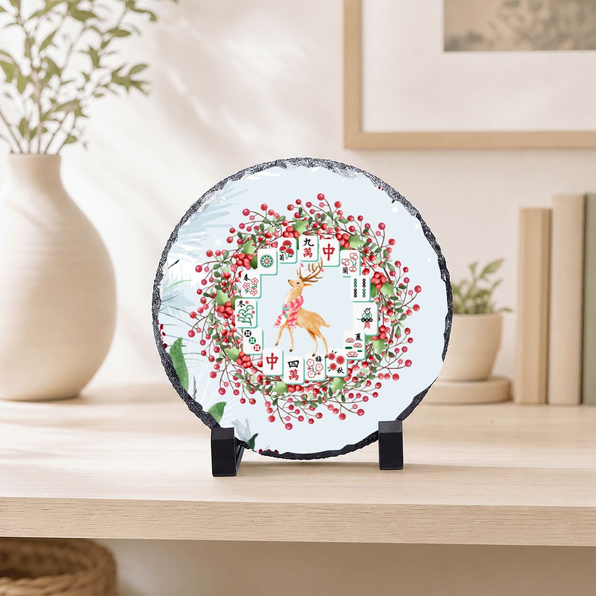 Christmas Dancing Prancing Mahjong Reindeer Round Photo Rock Slate Frame
