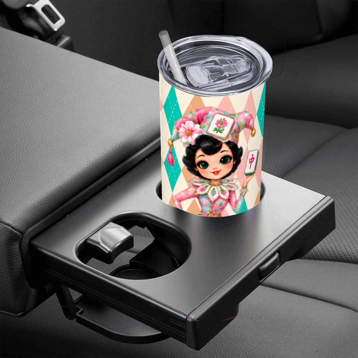 Mahjie The Mascot Whimsical Harlequin Mahjong Lover 20oz Straight Stainless Steel Tumbler with Straw - Splash Of Mahj And Color Co.