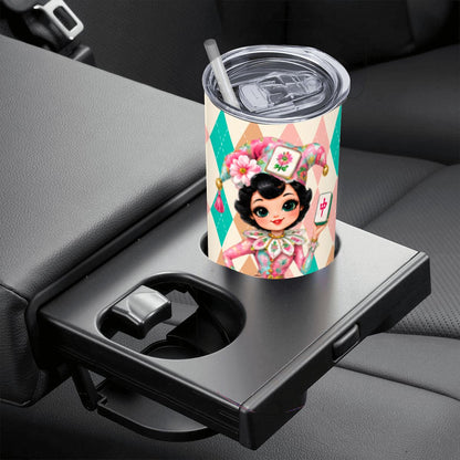 Mahjie The Mascot Whimsical Harlequin Mahjong Lover 20oz Straight Stainless Steel Tumbler with Straw - Splash Of Mahj And Color Co.
