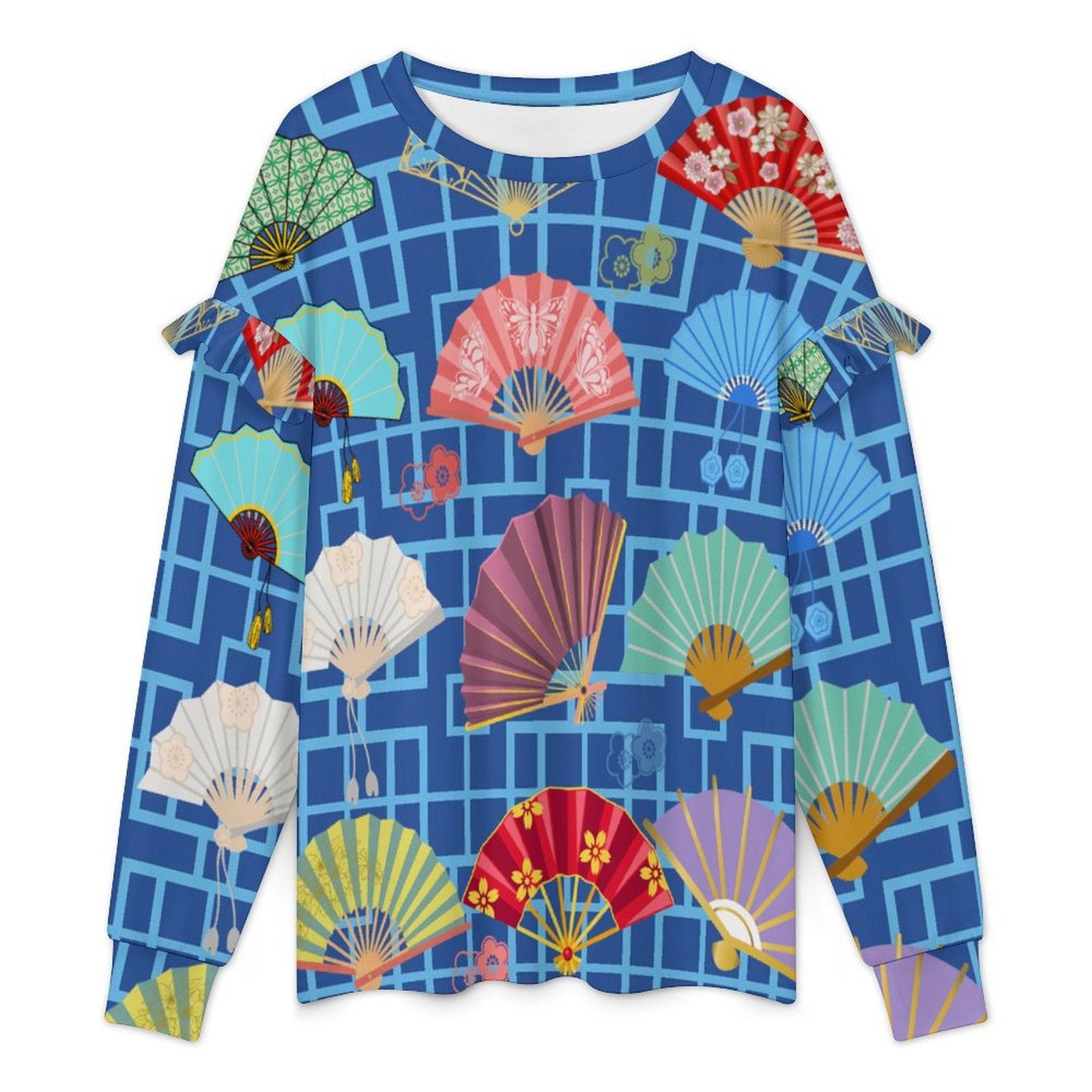 Preppy Mahjong Blue Asian Fan Design Women’s Lightweight Ruffle Shoulder Sweatshirt - Splash of Color Co.