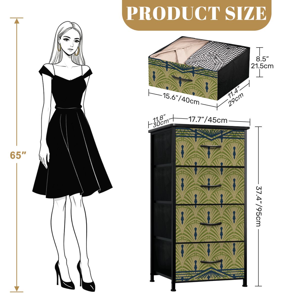 Art Deco Army Green, Royal Blue 4 - Drawer Dresser - Splash of Color Co.