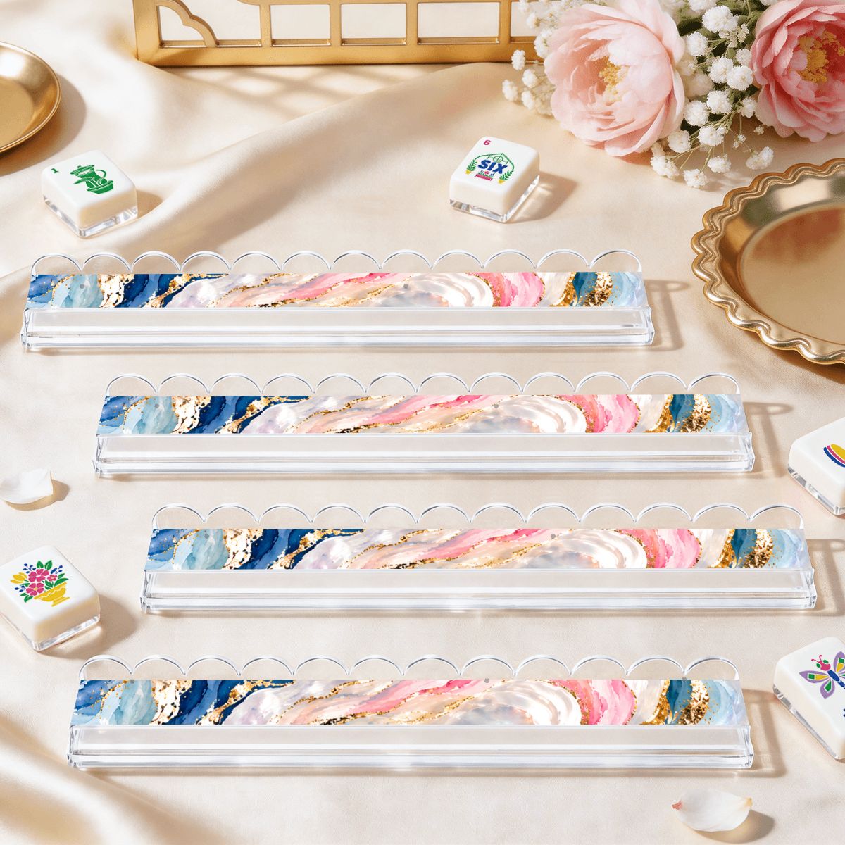 Pearls Of Mahj Extended Mahjong Rack Set of 4 Scalloped Magnetic Tile Pusher - Splash Of Mahj And Color Co.