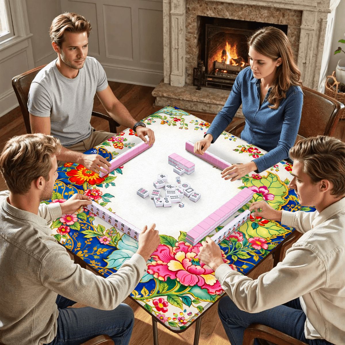 Asian Chinoiserie Tobacco Leaft Vibrant Floral Mahjong Mat - Splash of Color Co.