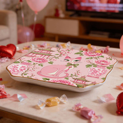 Pink Peony Pagoda Purr Scalloped Ceramic Mahjong Dice Tray